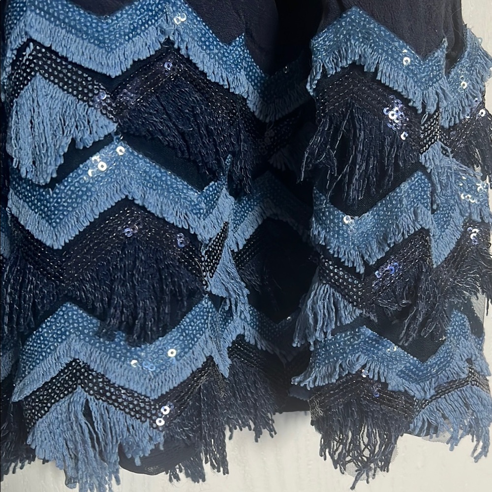 Anthropologie Maeve Festive Swing Elegant Navy Sequin Fringe Sleeveless Dress - Picture 7 of 11